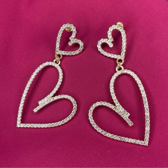 Gold Rhinestone Double Love Heart Drop Dangle Earrings Nwt - Picture 4 of 8